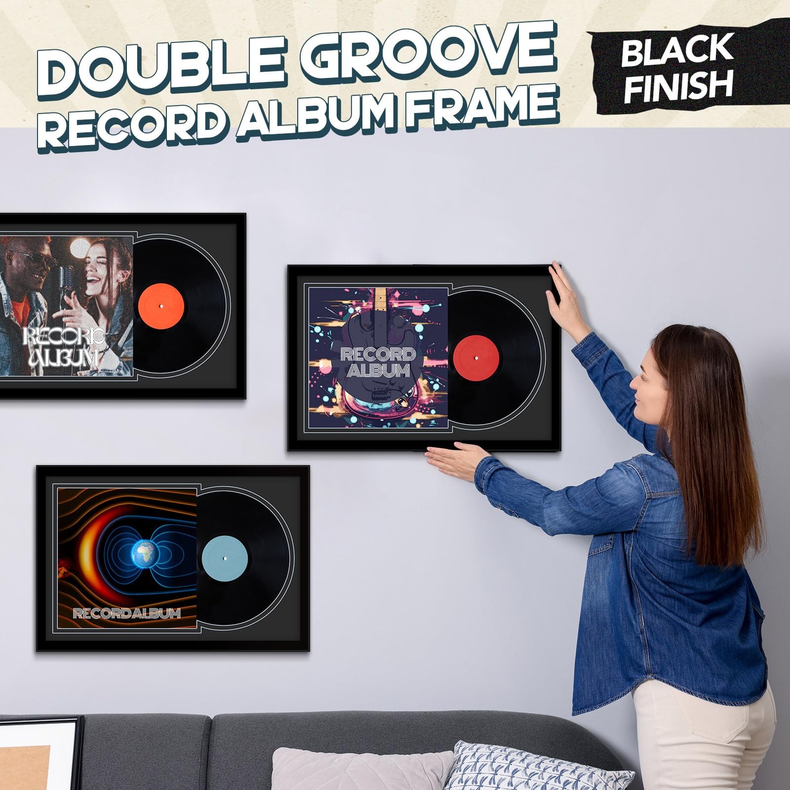 Colingmill 2 Pcs Vinyl Record Display 25.59 x 18.11 inches, Black Matting