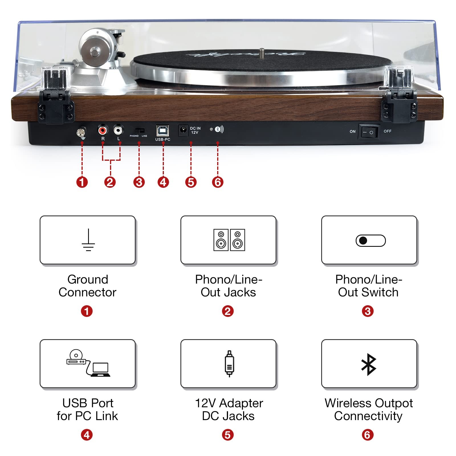 Turntables Belt-Drive Record Player with Wireless Output Dark Brown