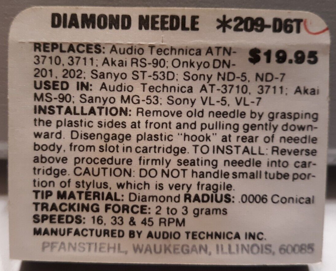 Pfanstiehl diamond needle 209-D6T replaces Audio Techina ATN-3711 Akai RS-90