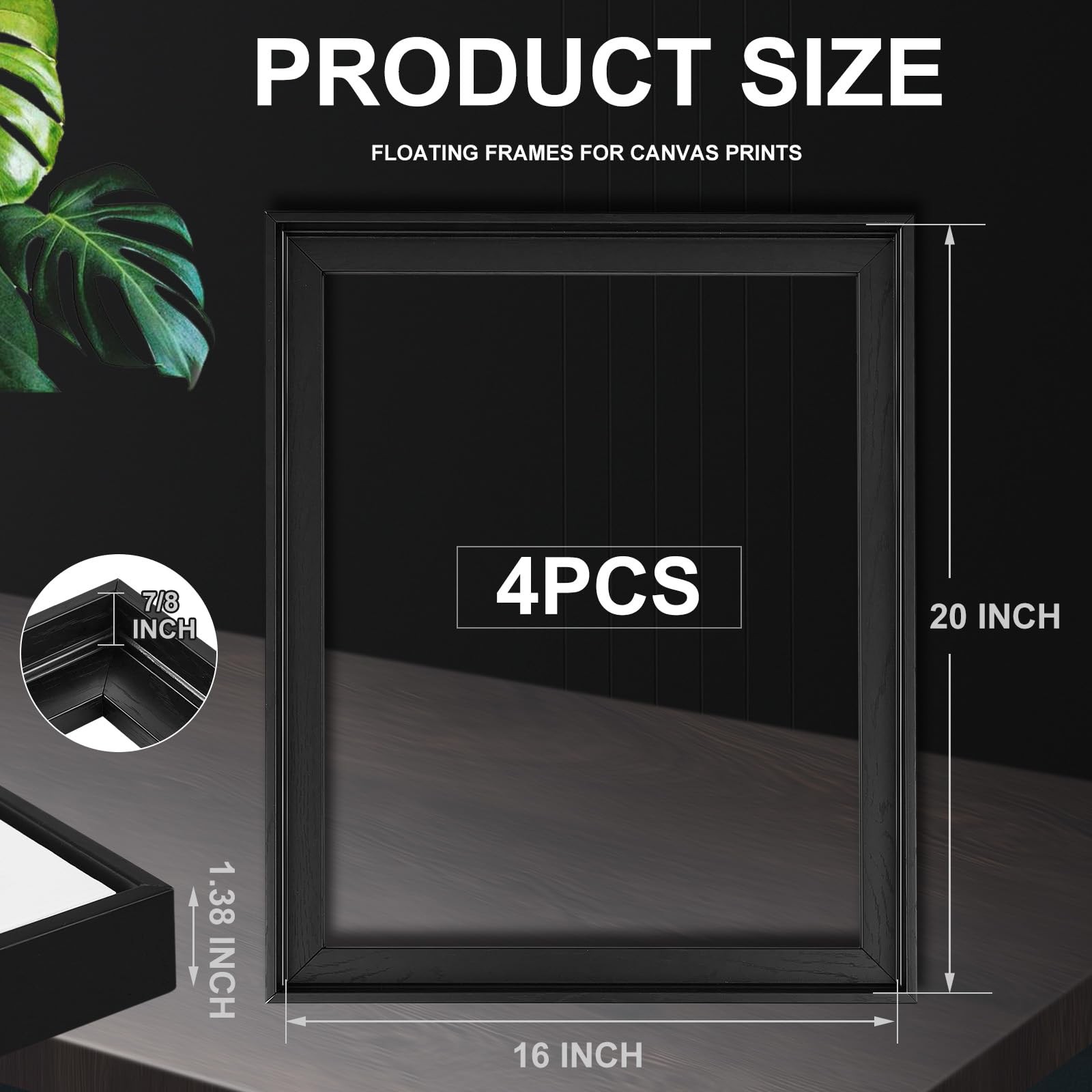 Suzile 4 Pcs Floating Frames for 16 x 20 Canvas, 16 x 20″, 0.9″ Deep, Black