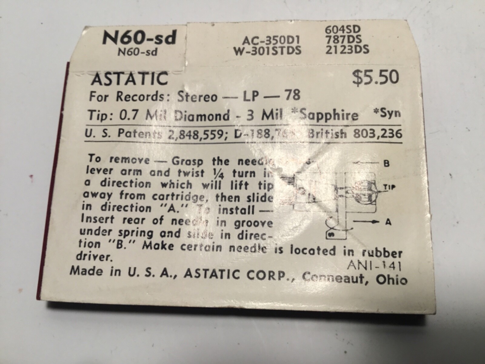 astatic N60-sd stylus needle PS-67 AC-350DS W-301STDS 604SD 787D/S 2123DS