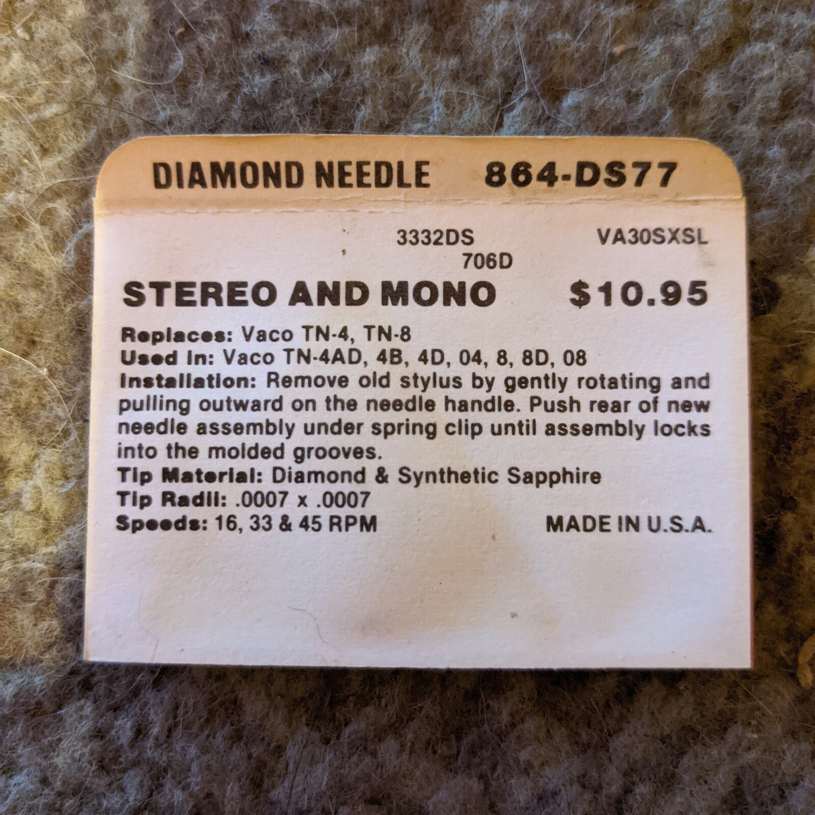 Superb Diamond Needle 864-DS77 replaces Vaco TN-4, TN-8, Vaco TN-4AD, 4B, 78 rpm