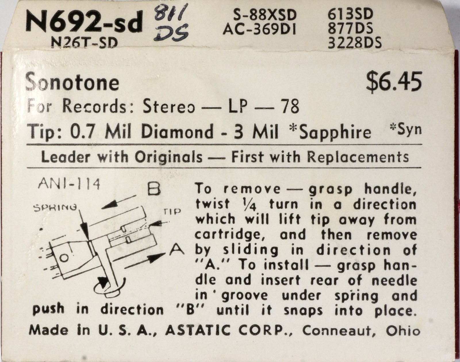 NOS Astatic N692-sd Diamond Needle Sonotone N-26T-SD