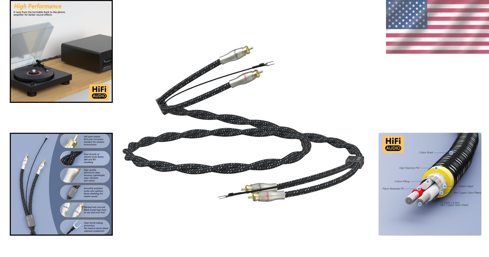 5FT Turntable RCA Cable – Silver Plated, Low Noise, High Fidelity Sound