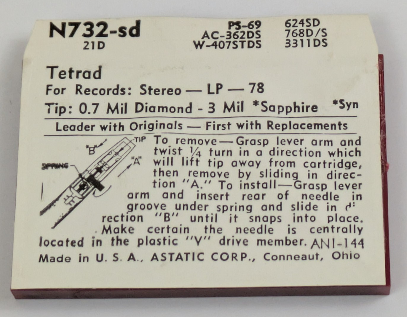 Astatic N732-sd Diamond Needle Tetrad-21D 78 LP Stylus PS-69 AC-362DS 624SD 768D