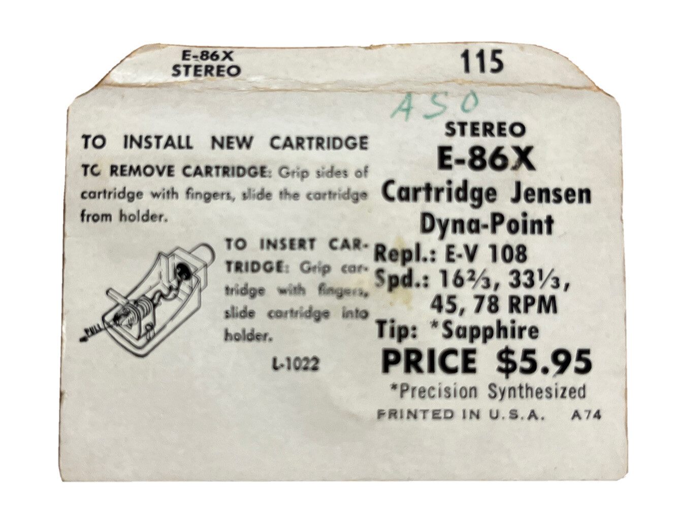 ✅ Jensen CARTRIDGE NEEDLE 119 For Powerpoint EV 108 E-86X Stereo Saphire Tip NOS