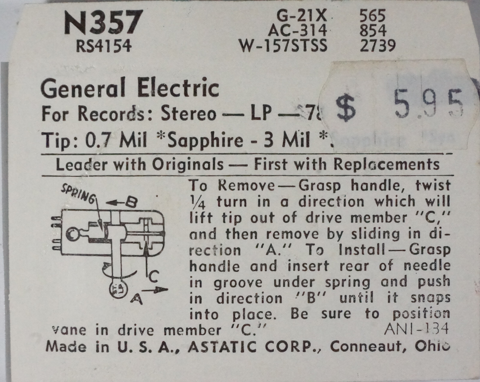 NOS Astatic N357 Needle for 565SD 854DS 2739DS A-314D1 W-157STDS