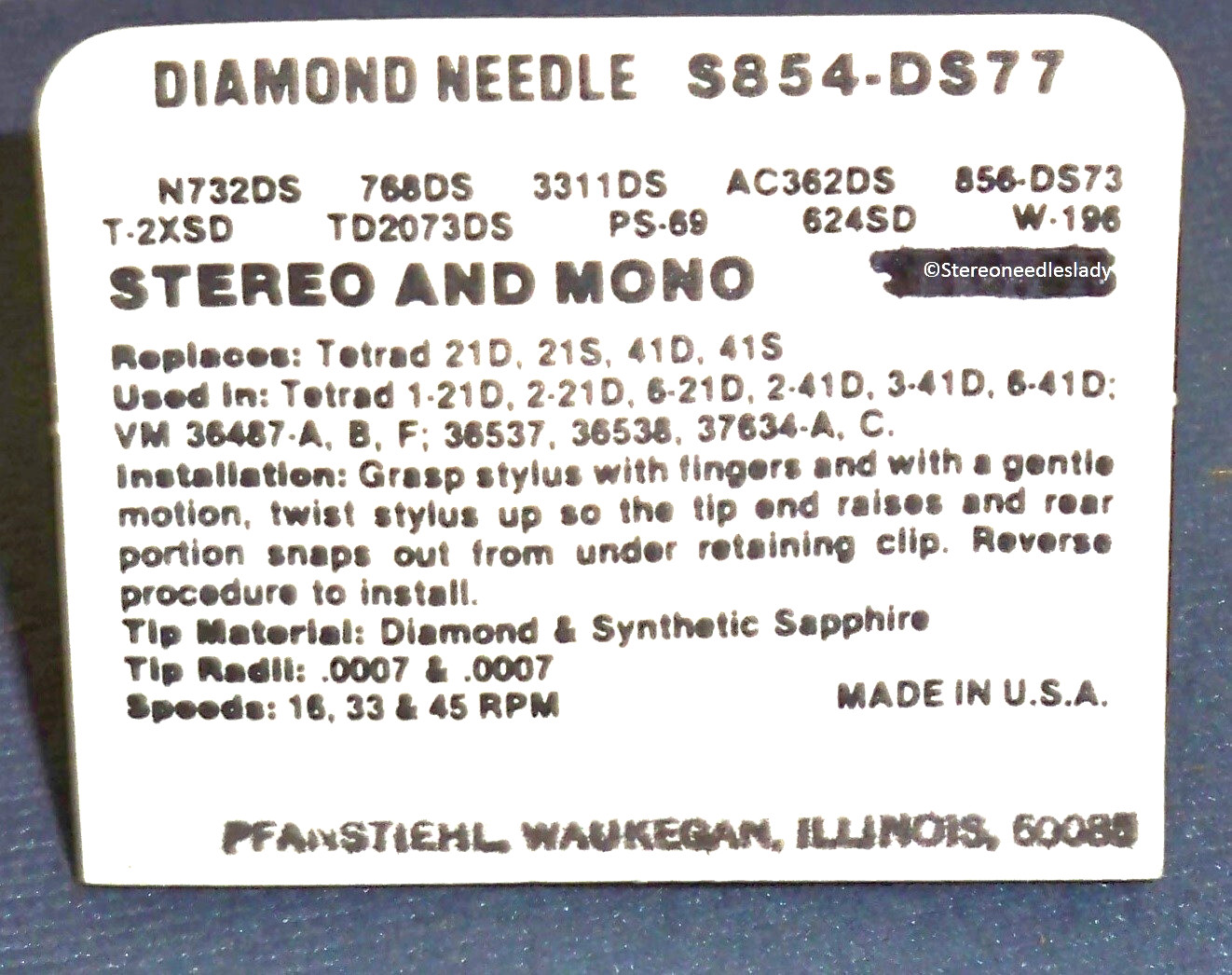Phonograph NEEDLE STYLUS for Tetrad S853-DS77 S854-DS77 Pfanstiehl M854-DS77
