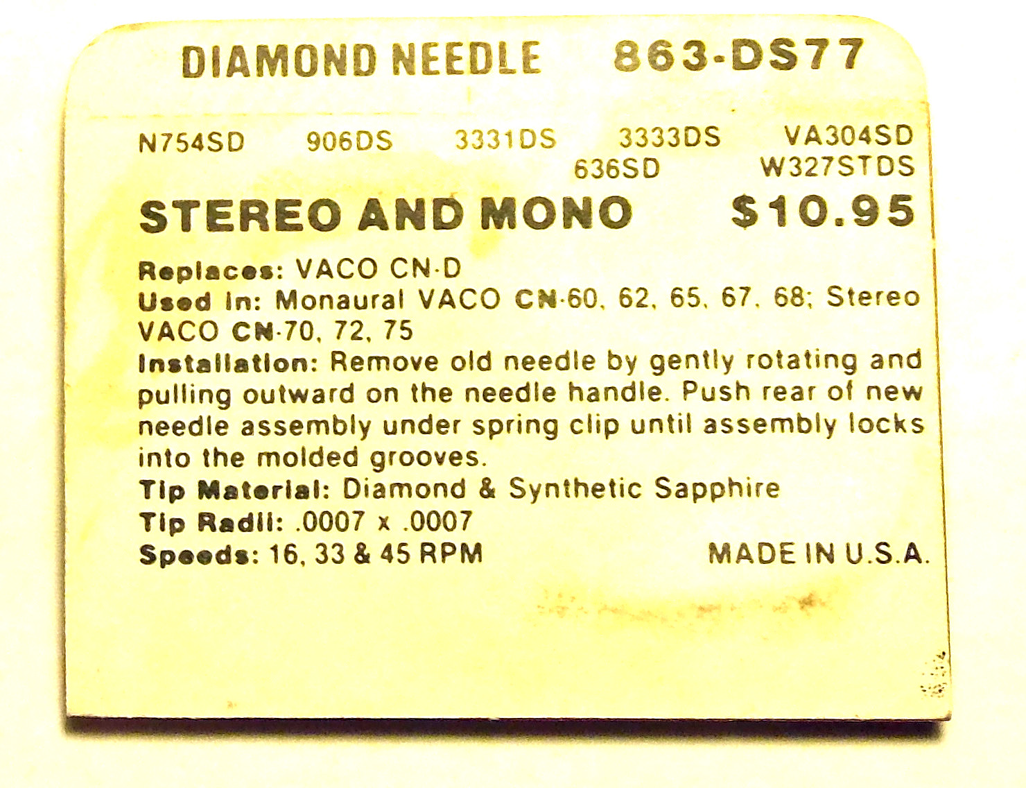 PHONOGRAPH STYLUS NEEDLE for Varco CN-D CN Series CN72 CN75 863-DS77 N752