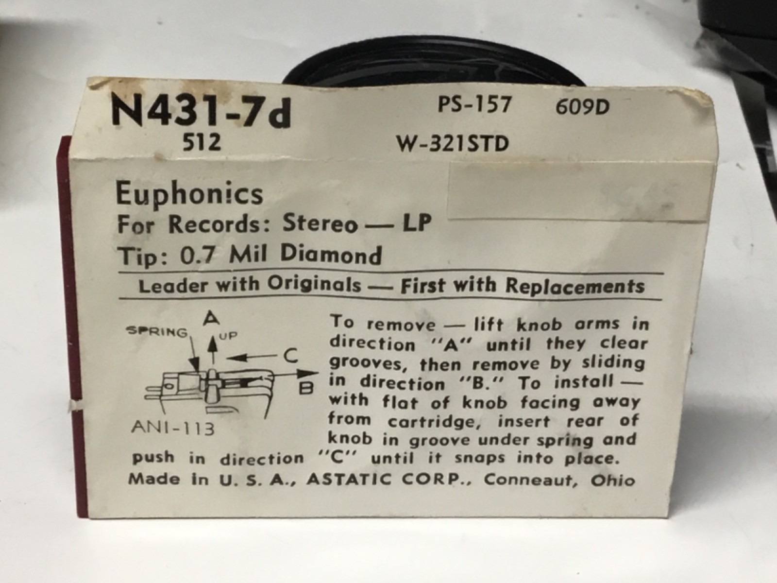Astatic N431-7d Euphonics W-321STD 512 PS-157 609D .7 MIL Diamond stylus needle