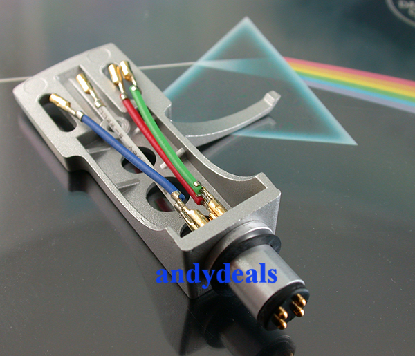 SILVER UNIVERSAL TURNTABLE HEADSHELL FITS MANY TURNTABLES GOLD LEAD WIRES
