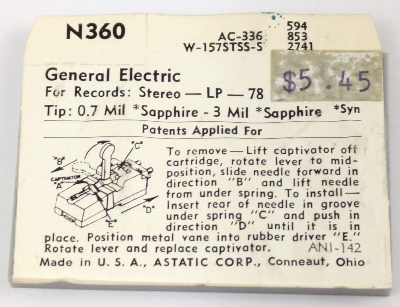 Astatic N360 Needle Record Player Stylus 78 LP AC-336 W-157STSS-S 594 853 2741