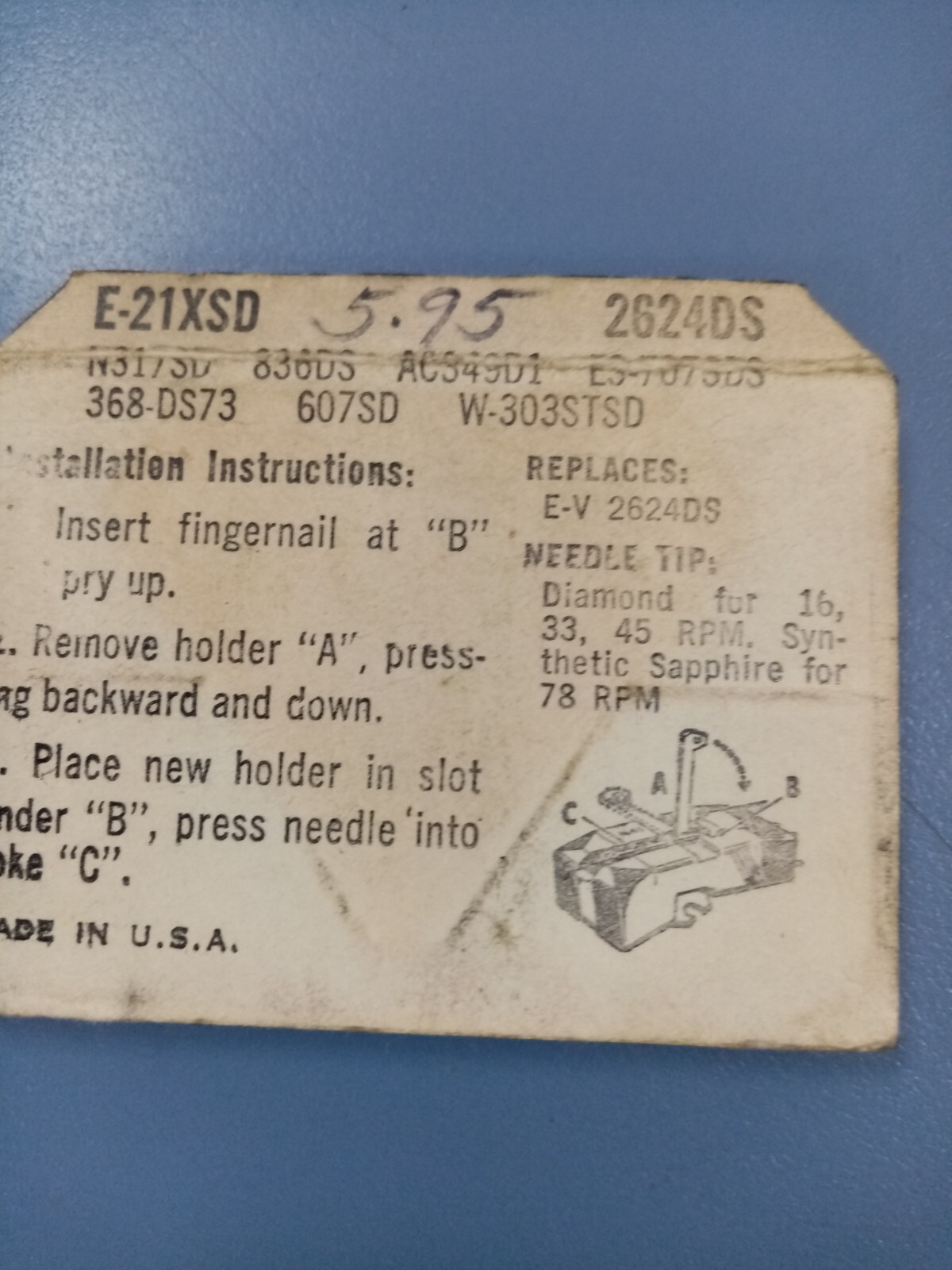 PHONOGRAPH NEEDLE STYLUS EV 2646 EV 2646DS KMD CMD EV 5093 EV 5093D, 375-DS73