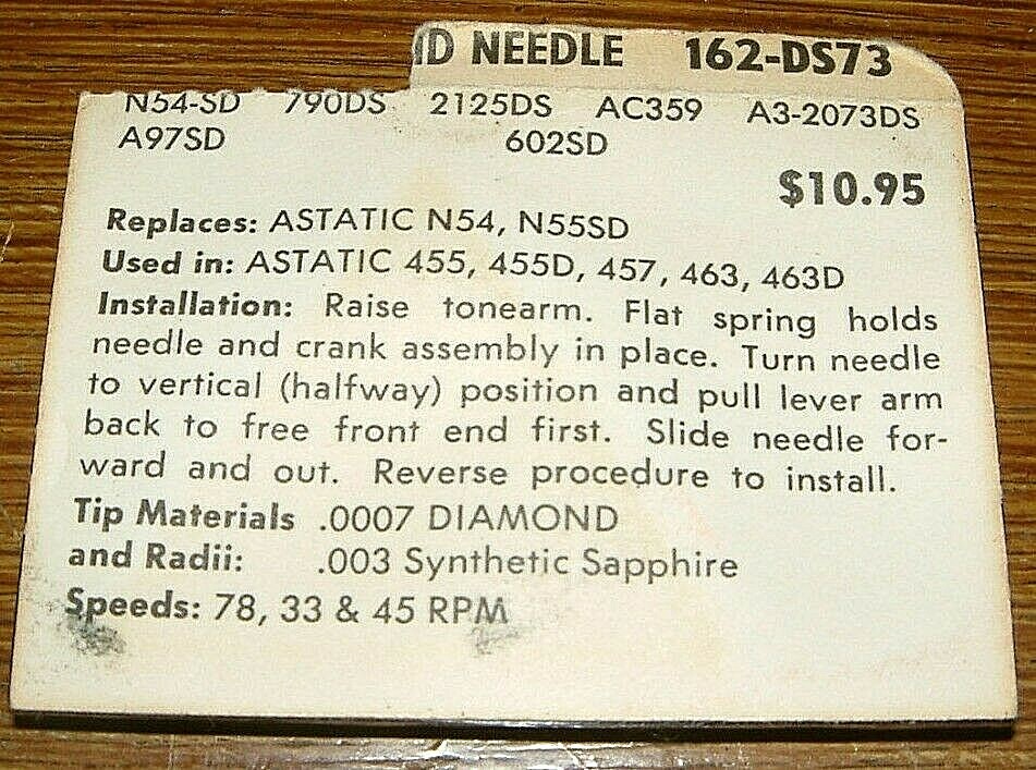 DIAMOND Phonograph NEEDLE 162-DS73 for Astatic 455 457 463, N54 W-313DS EV2125SD