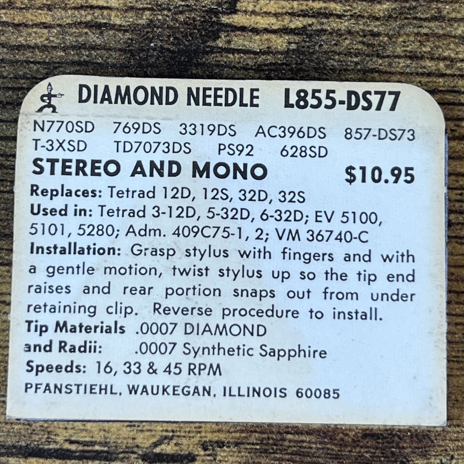 PFANSTIEHL Vintage New Old Stock Vinyl Record Player Diamond Needle L855-DS77