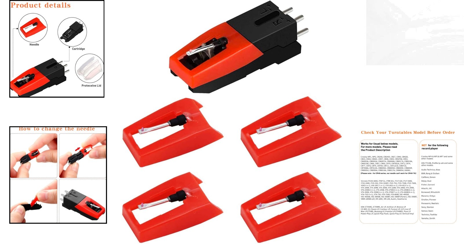 Retro Style Record Player Cartridge with Diamond Needles – 4X Replacement