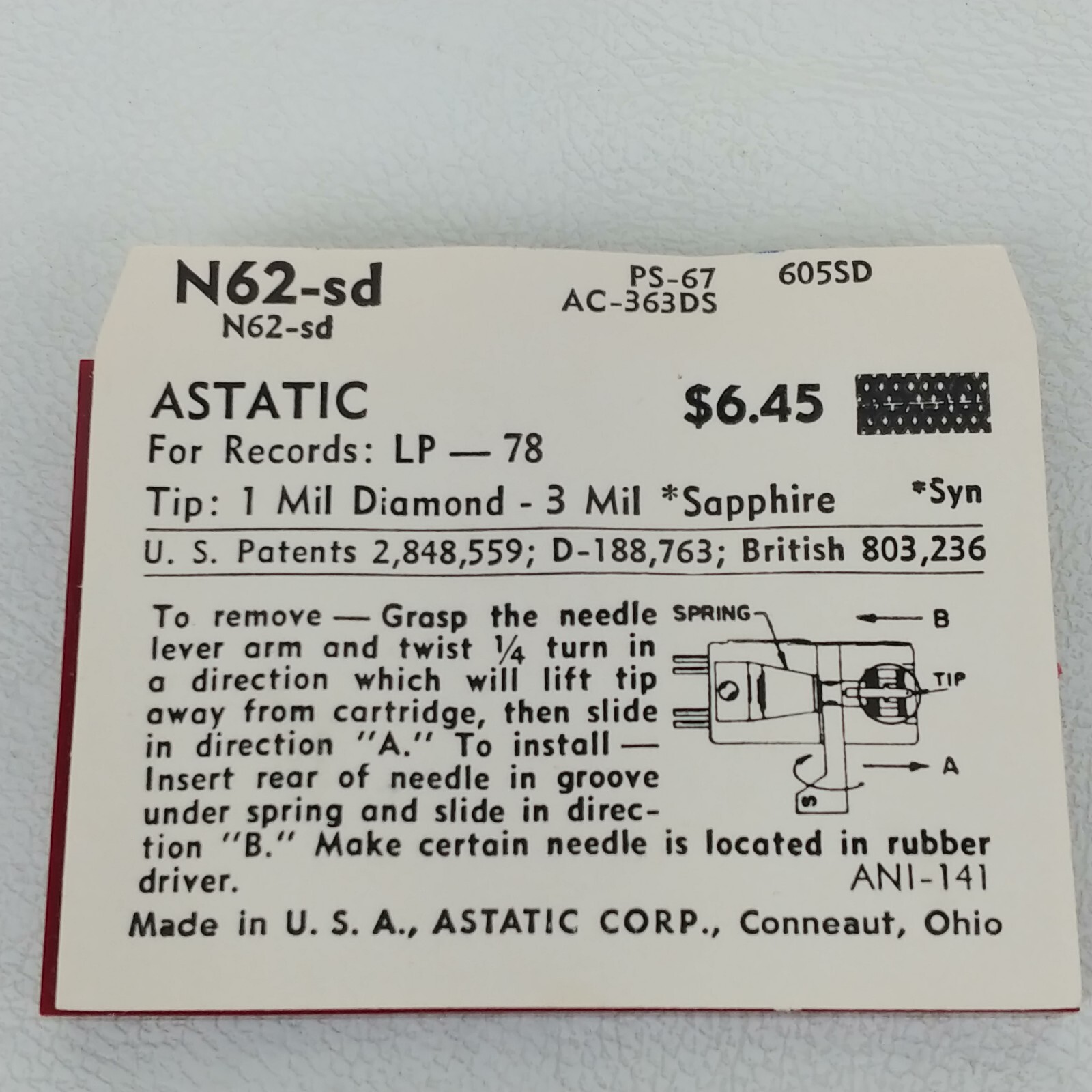 Lot of 7 Various Astatic Record LP Needles N62-sd N72-sd N752-sd N880-sd N883-sd