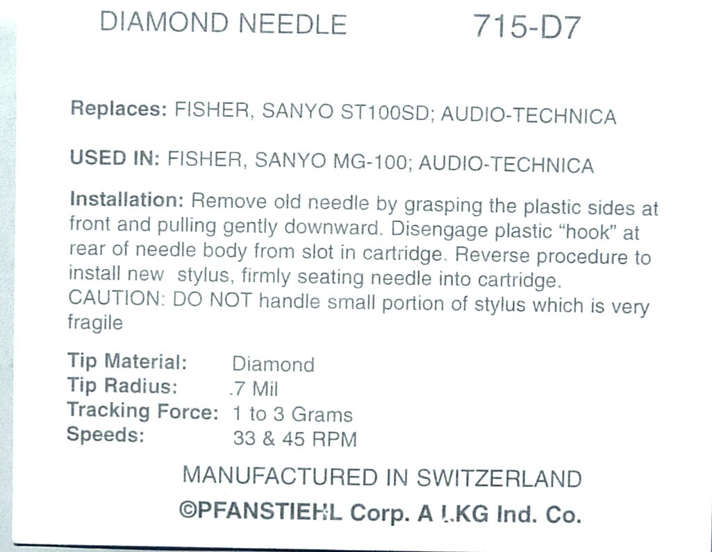Pfanstiehl Phonograph Needle F/ Fisher Sanyo ST100SD ST-100SD Fits Sanyo MG-100D