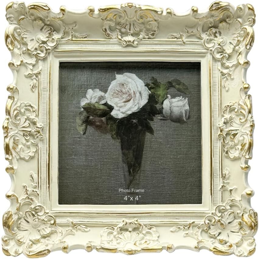 CISOO 4×4 Vintage Small Picture Frame, Antique Ornate 4×4, White with Gold