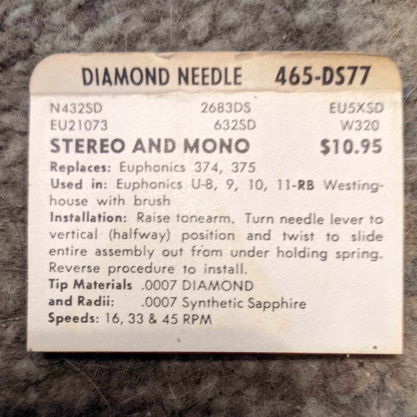 PHONOGRAPH NEEDLE STYLUS EUPHONICS 374 EUPHONICS 375 U8RB U9R, 465-DS77