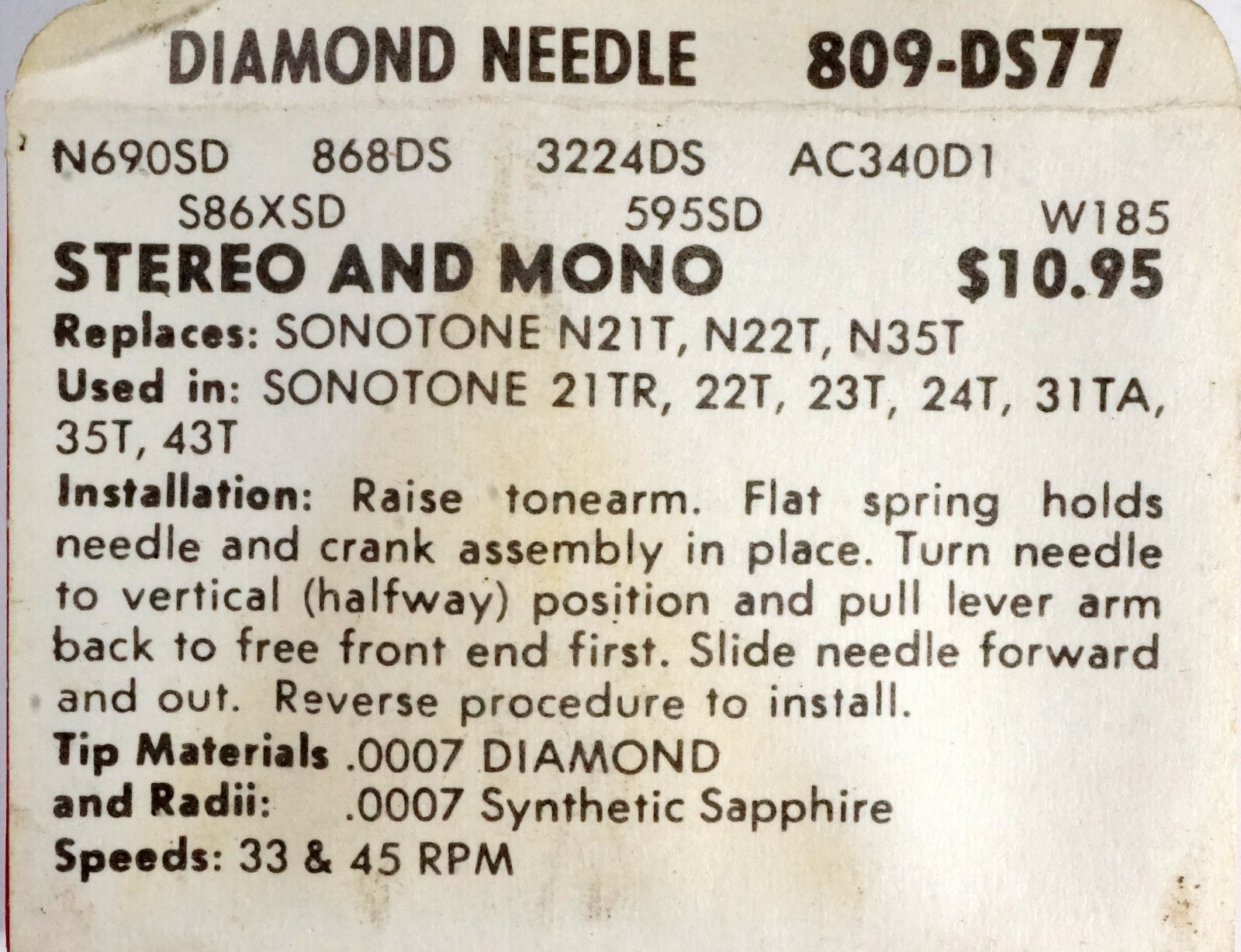 NOS Superb 809-DS77 Diamond Needle SONOTONE 21T N21 N21T N22T N35T 21TR 22T 23T