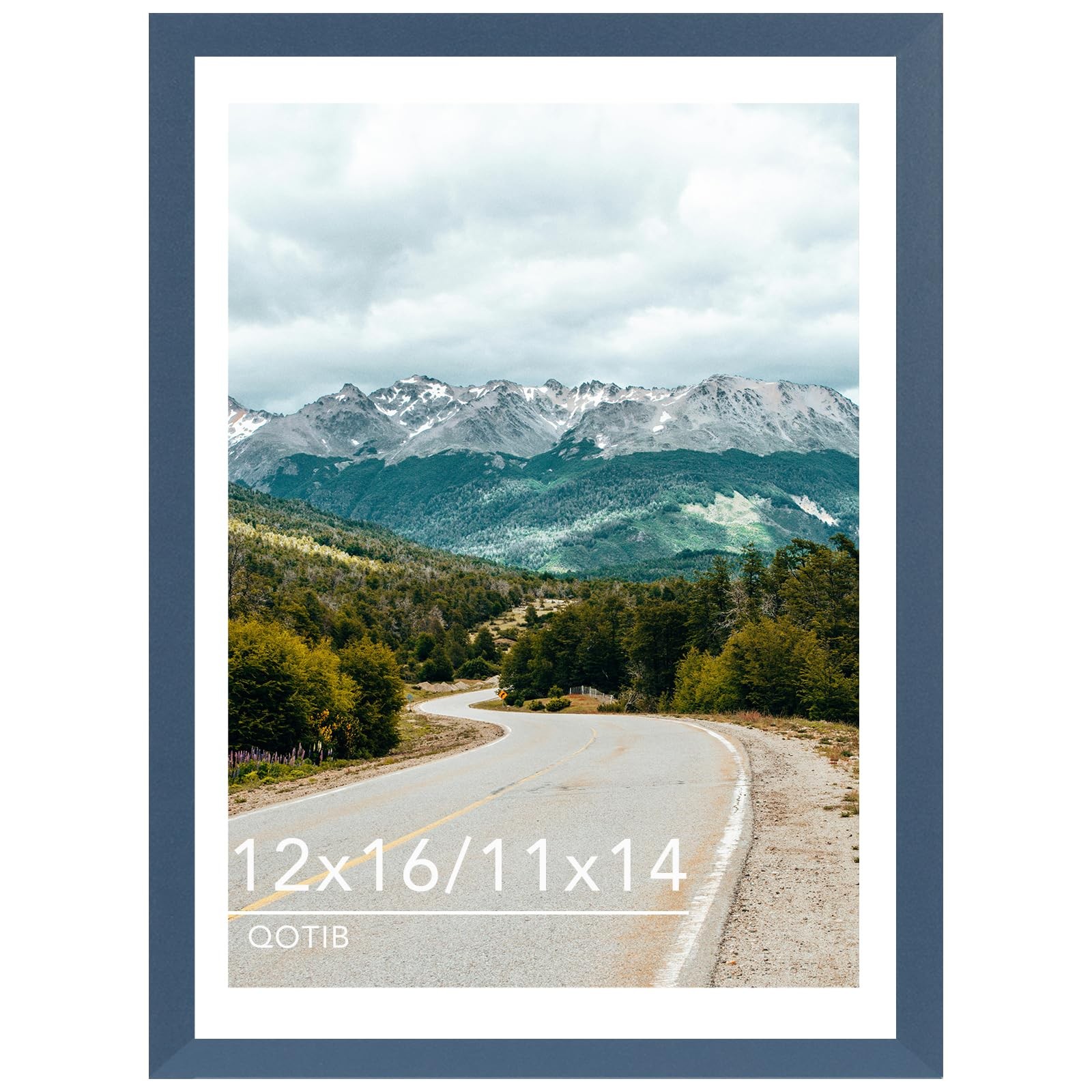QOTIB Wood 12×16 Picture Frame with 11×14 Mat Navy inch, Blue