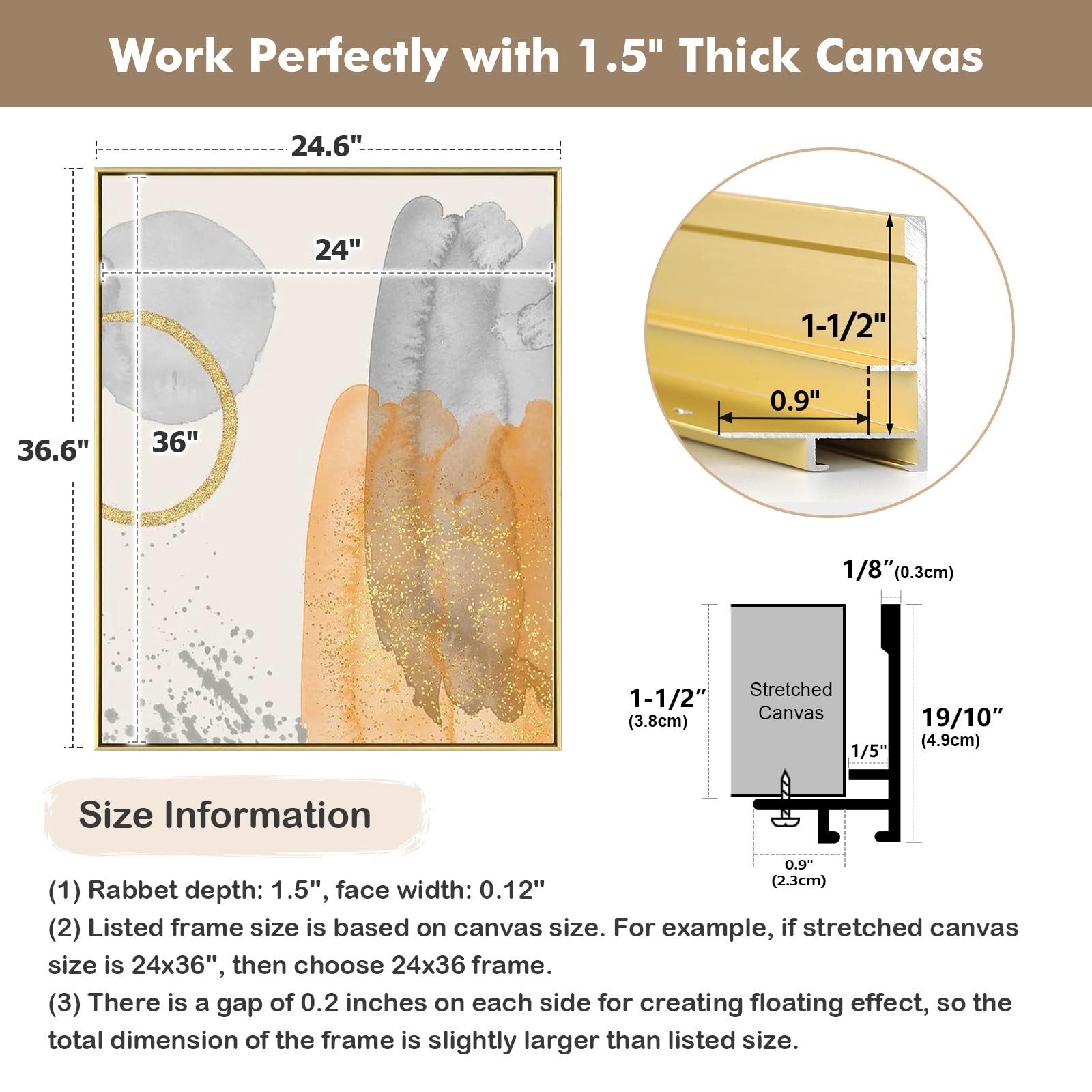 Floater Frame for 36×36 Canvas Paintings, DIY Metal Floating 36×36″, Gold