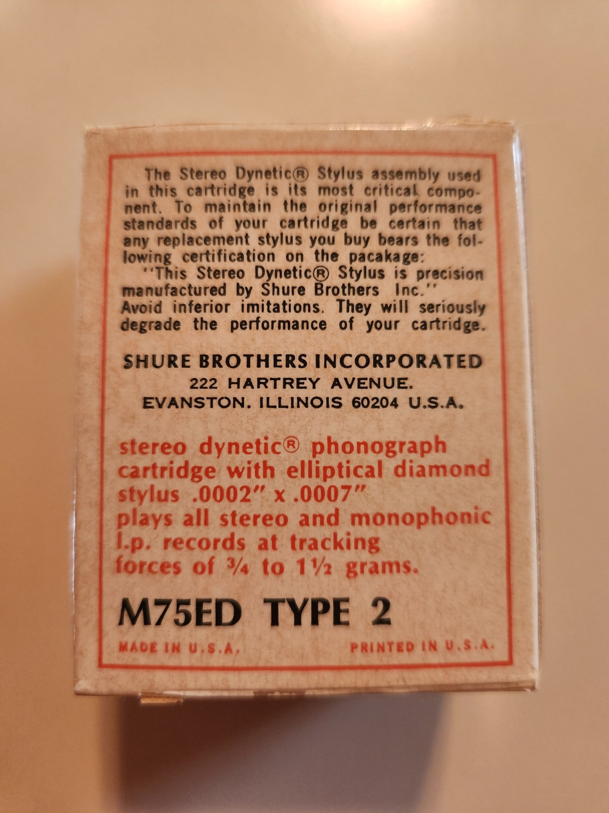 Shure M75EDType2 High Trackability Stereo Dynetic Cartridge W/Elliptica Stylus