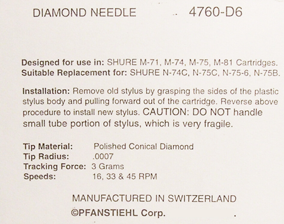 TURNTABLE STYLUS NEEDLE for Shure M71 M74 M75 M81 N75B M75B N75C 760-D6 4760