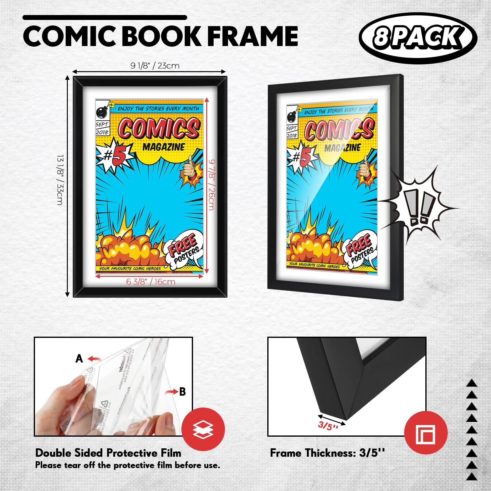 Geetery 8 Pack Comic Book Frame, UV Protection, Black (White Mat)