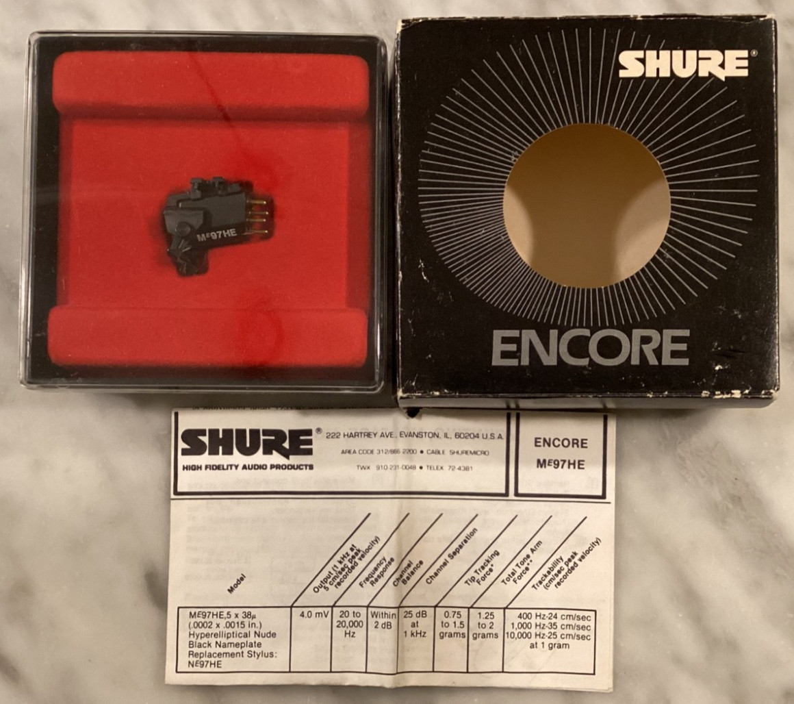 SHURE ENCORE ME97HE CARTRIDGE & BARELY USED N97HE HYPERELLIPTICAL STYLUS + CASE: