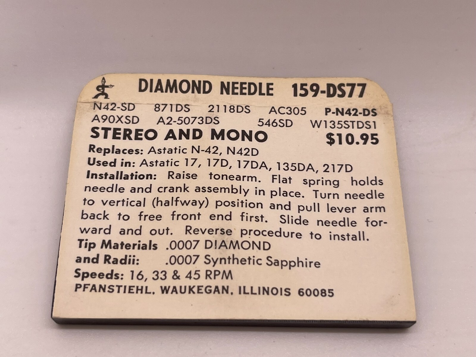 NOS Pfanstiehl 159-DS77 Diamond Needle for Astatic 17, 17D, 17DA, 135DA , 217D