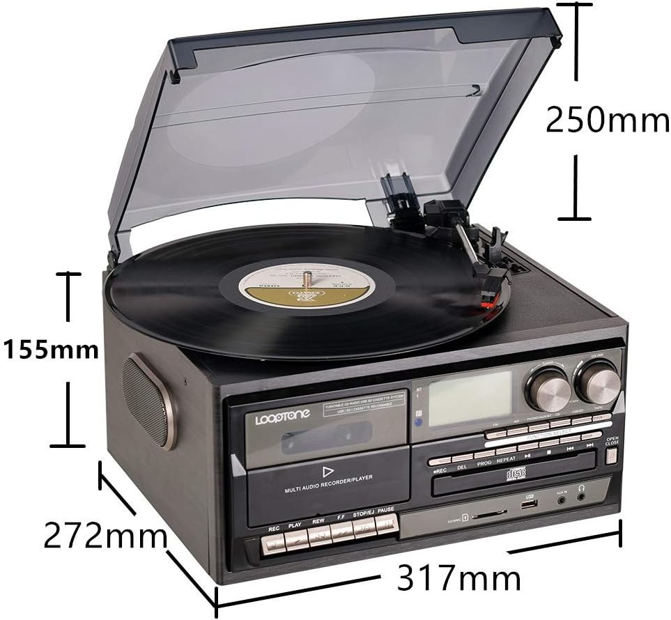 LoopTone Vinyl Record Player 9 in 1 3 Speed Bluetooth Vintage Turntable Black