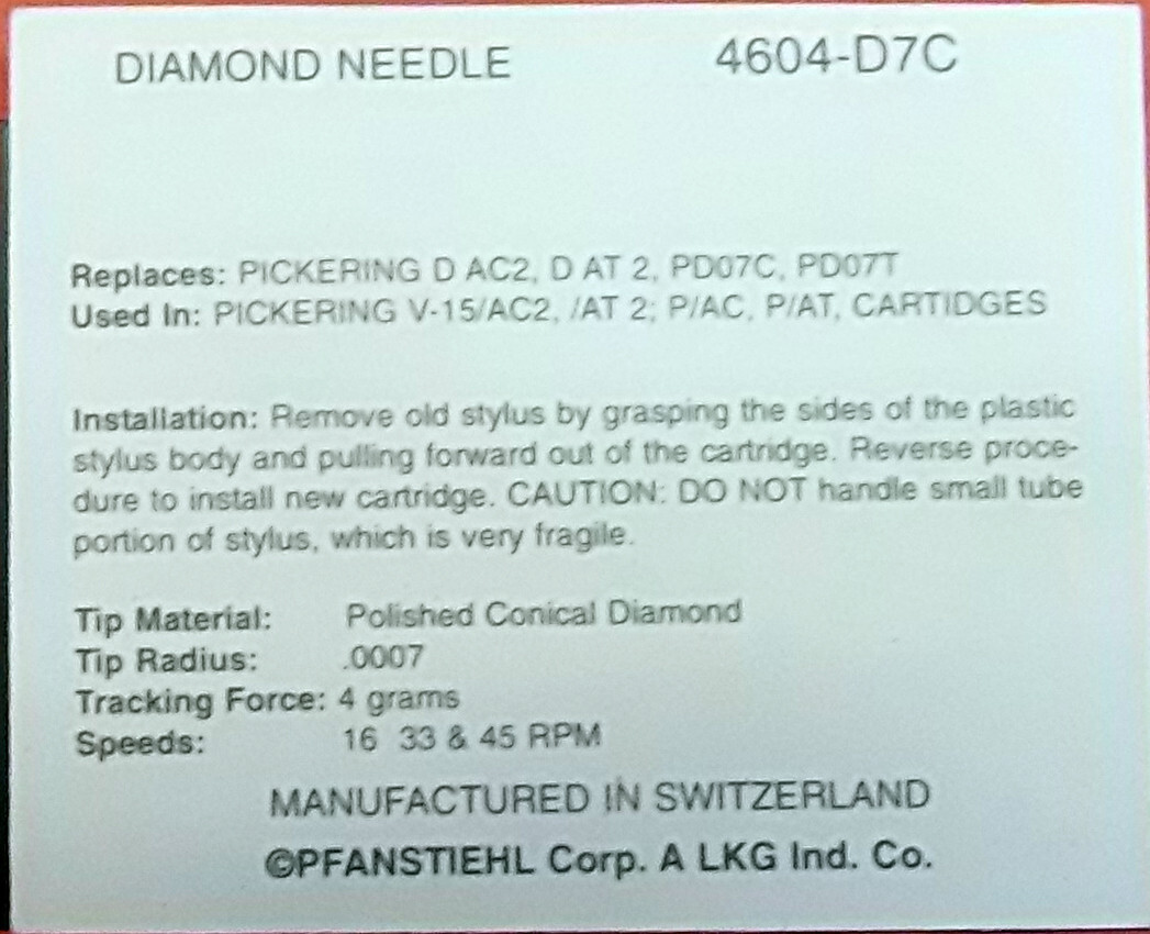 NEEDLE STYLUS PICKERING PD07C PD07T DAT2 V15/AC2 V15/AT1 DAC2 DAM2 604-D7C