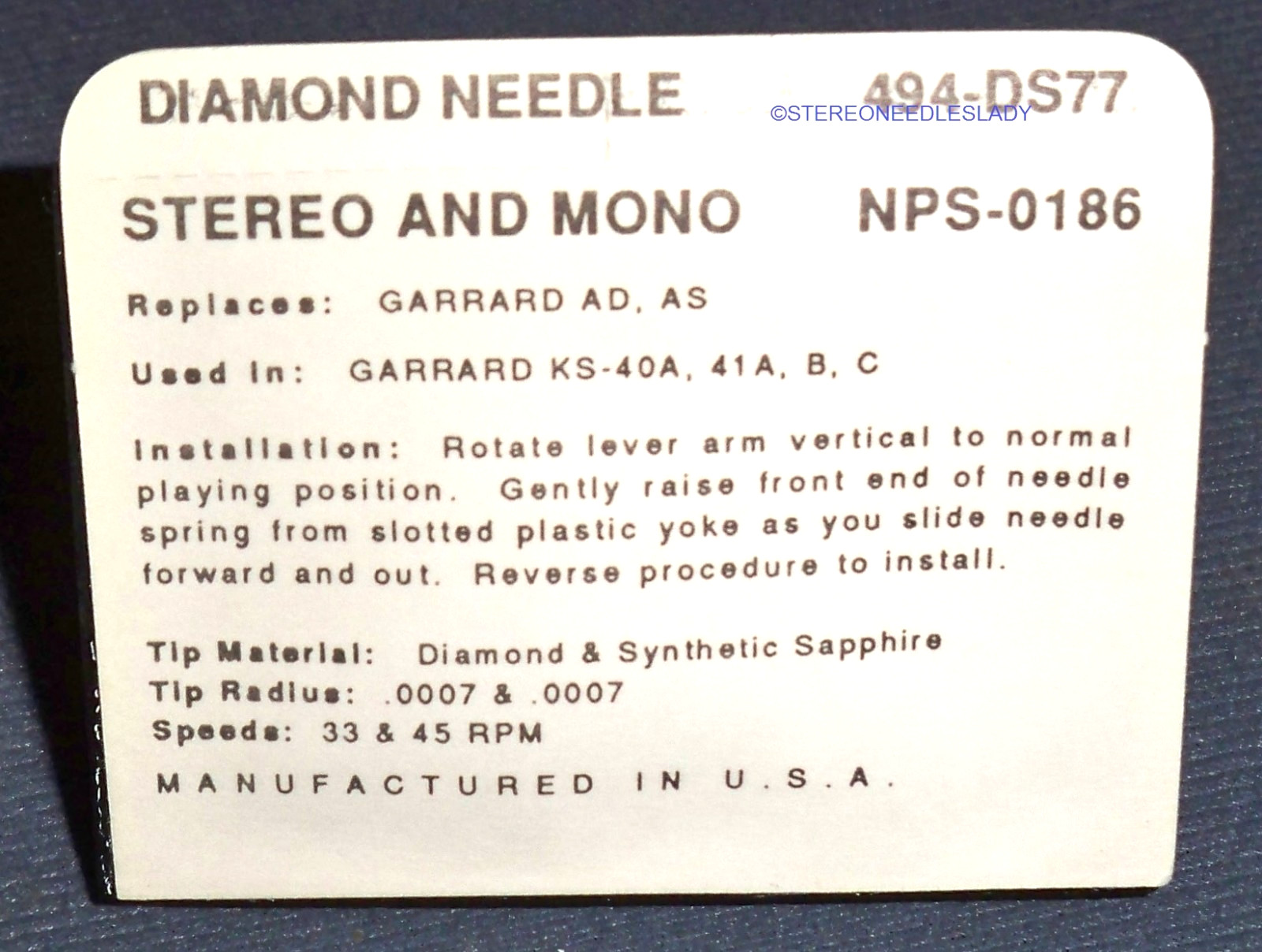 Diamond Tip Replacement Stylus Garrard KS40A KS41B, KS41C 1025T 5200C 6100C