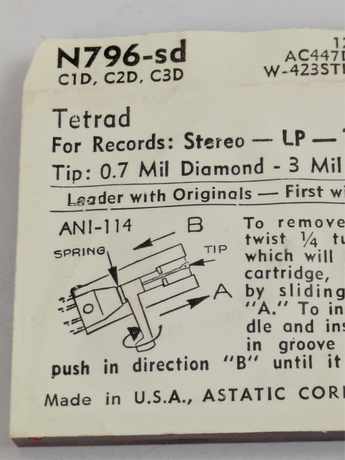 Astatic N796-sd Diamond Needle Tetrad-C1D C2D C3D 78 LP Stylus 127 AC447DS 689SD