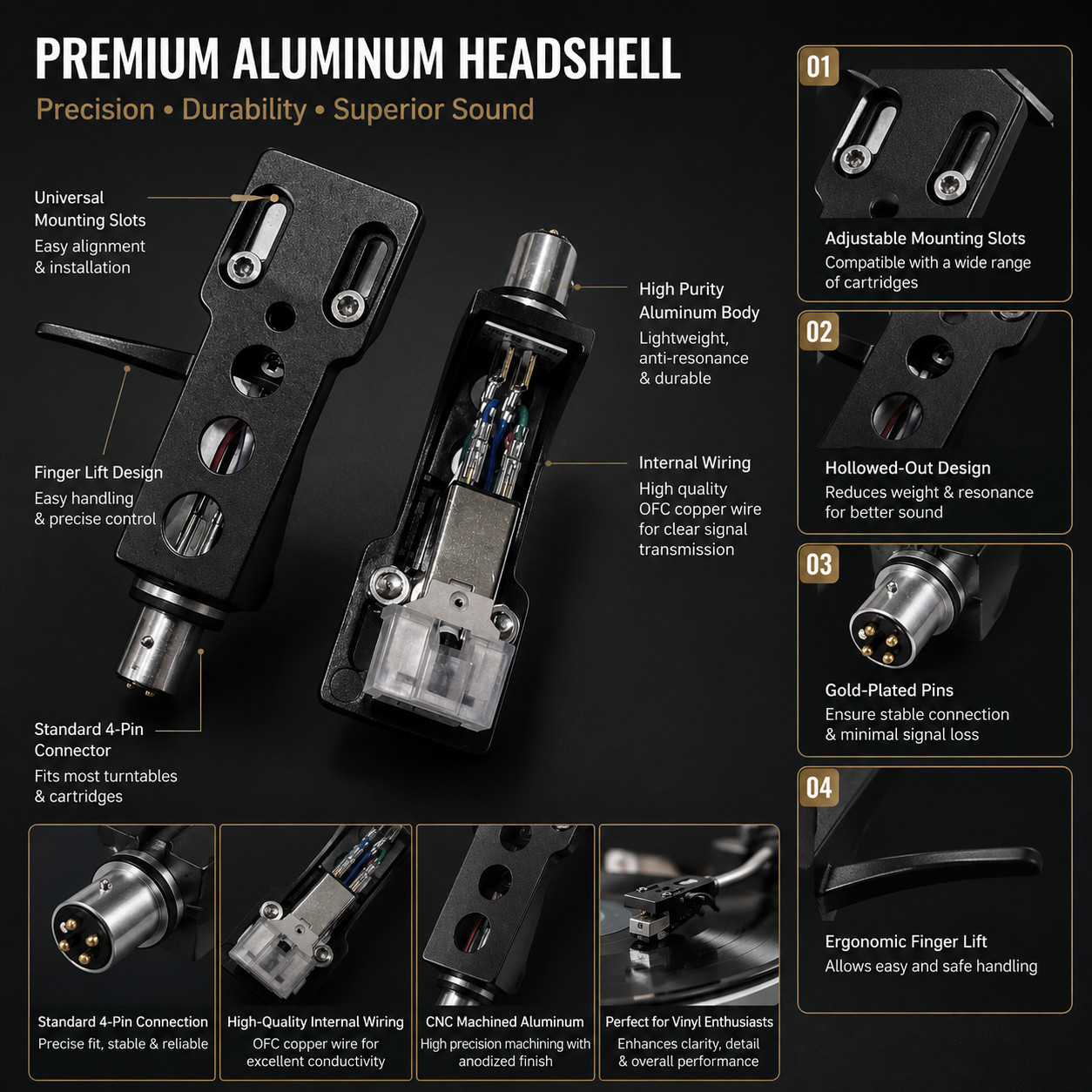 Silver/Black Headshell For Audio Technica AT-3600L Cartridge and Stylus 4 Pin