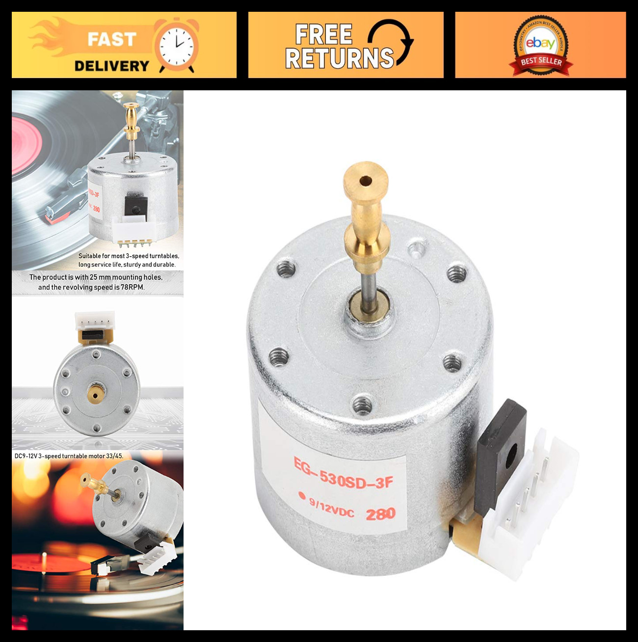 Replacement Motor for 3-Speed Record Player, 33/45/78RPM Turntable Motor, 25mm M