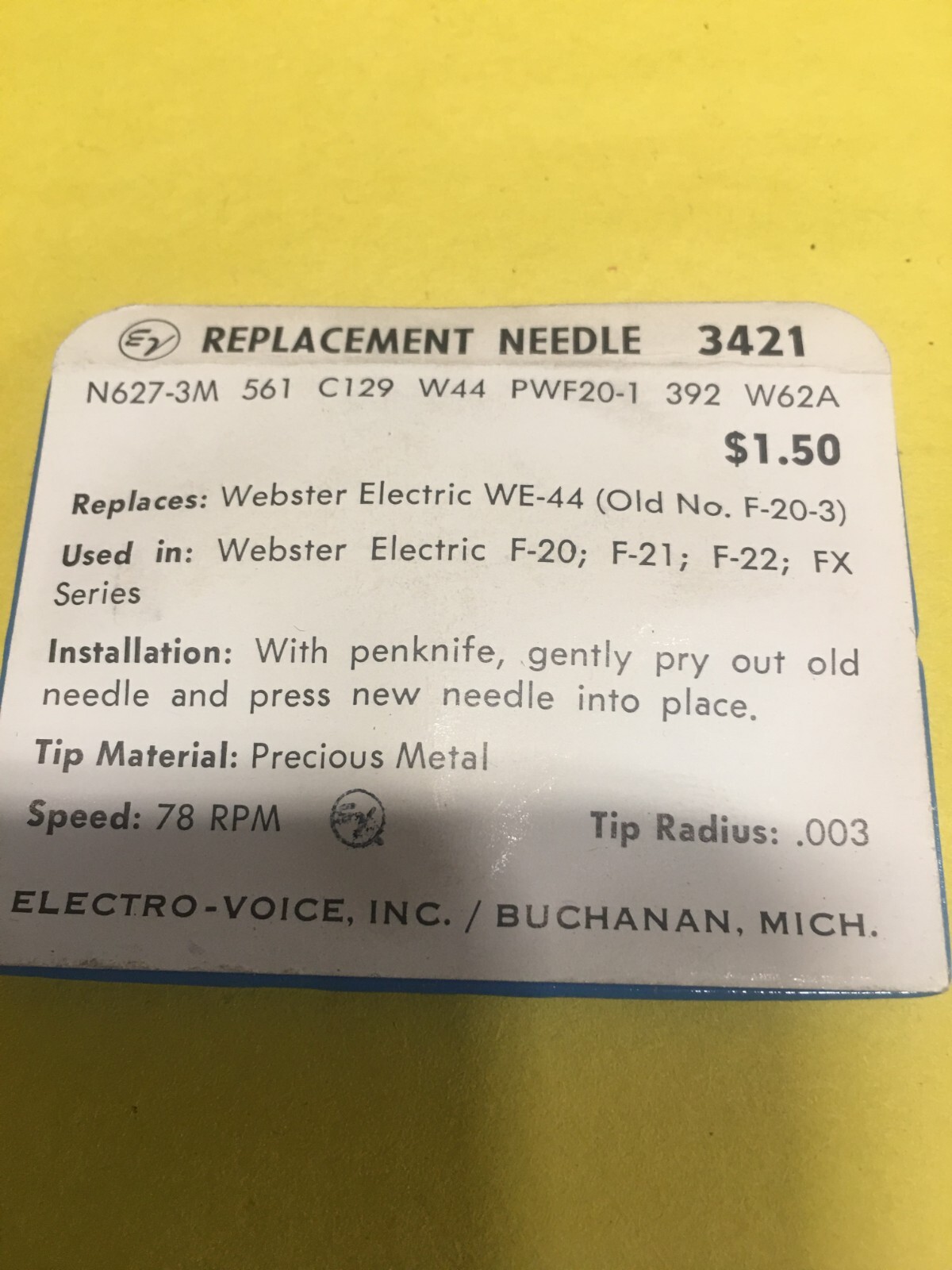 Original NOS Electro Voice Needle Stylus 3421 fits MANY Webster Electric