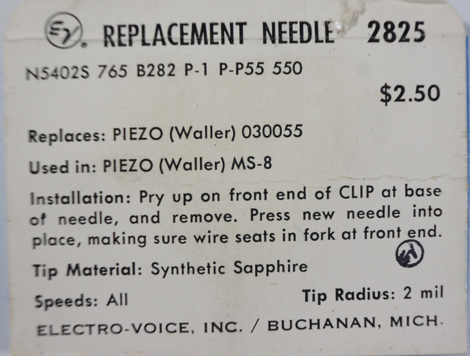 NOS Electro Voice EV 2825 Needle for Piezo Waller 030055 MS-8