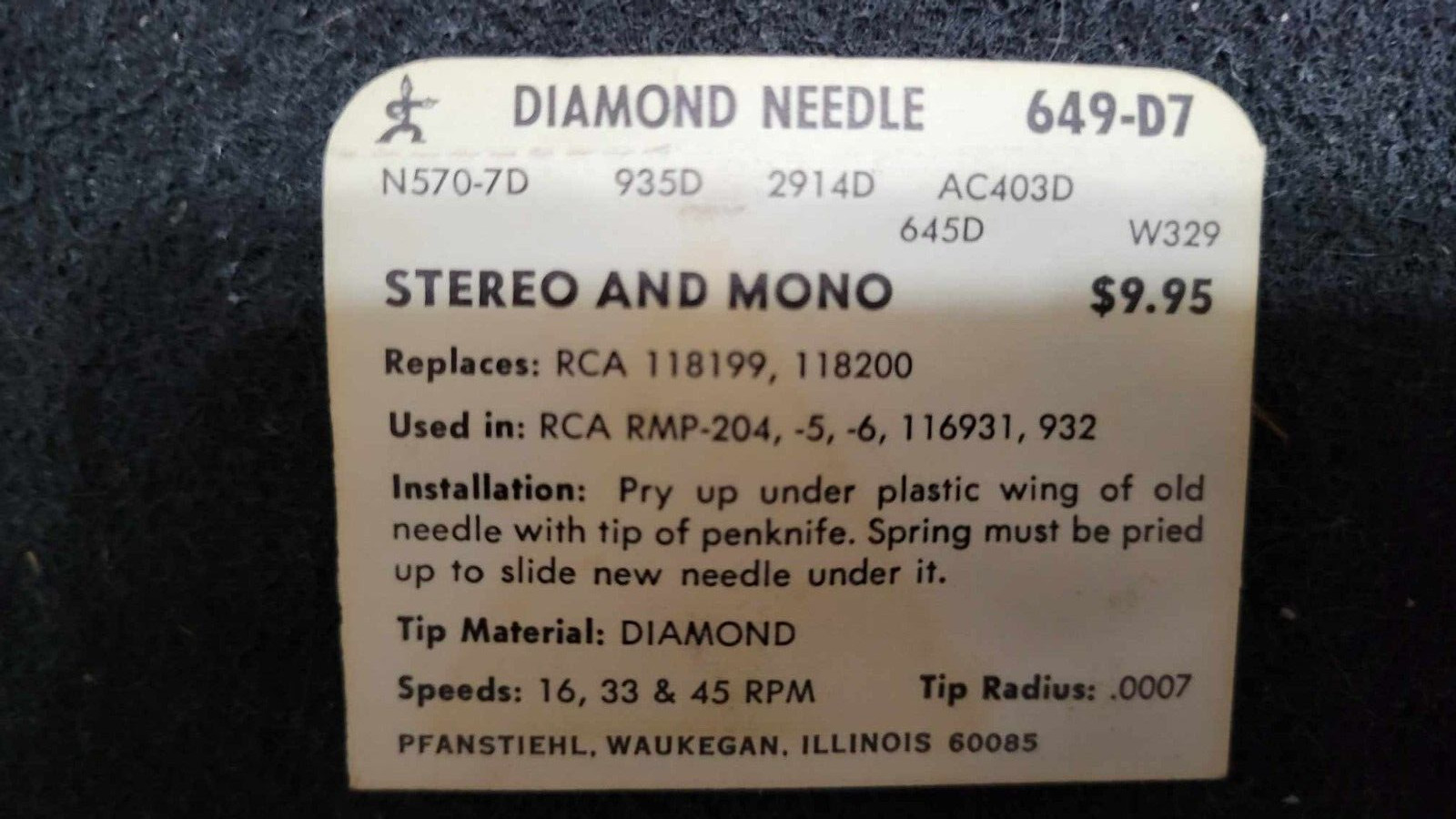 NOS Pfanstiehl 649-D7 Diamond Phono Needle Stylus RCA RMP 118199