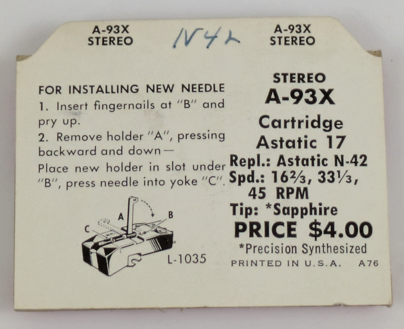 Jensen A-93X Hi-Fi Needle Record Player Stylus Astatic N42 Replacement 546 2118