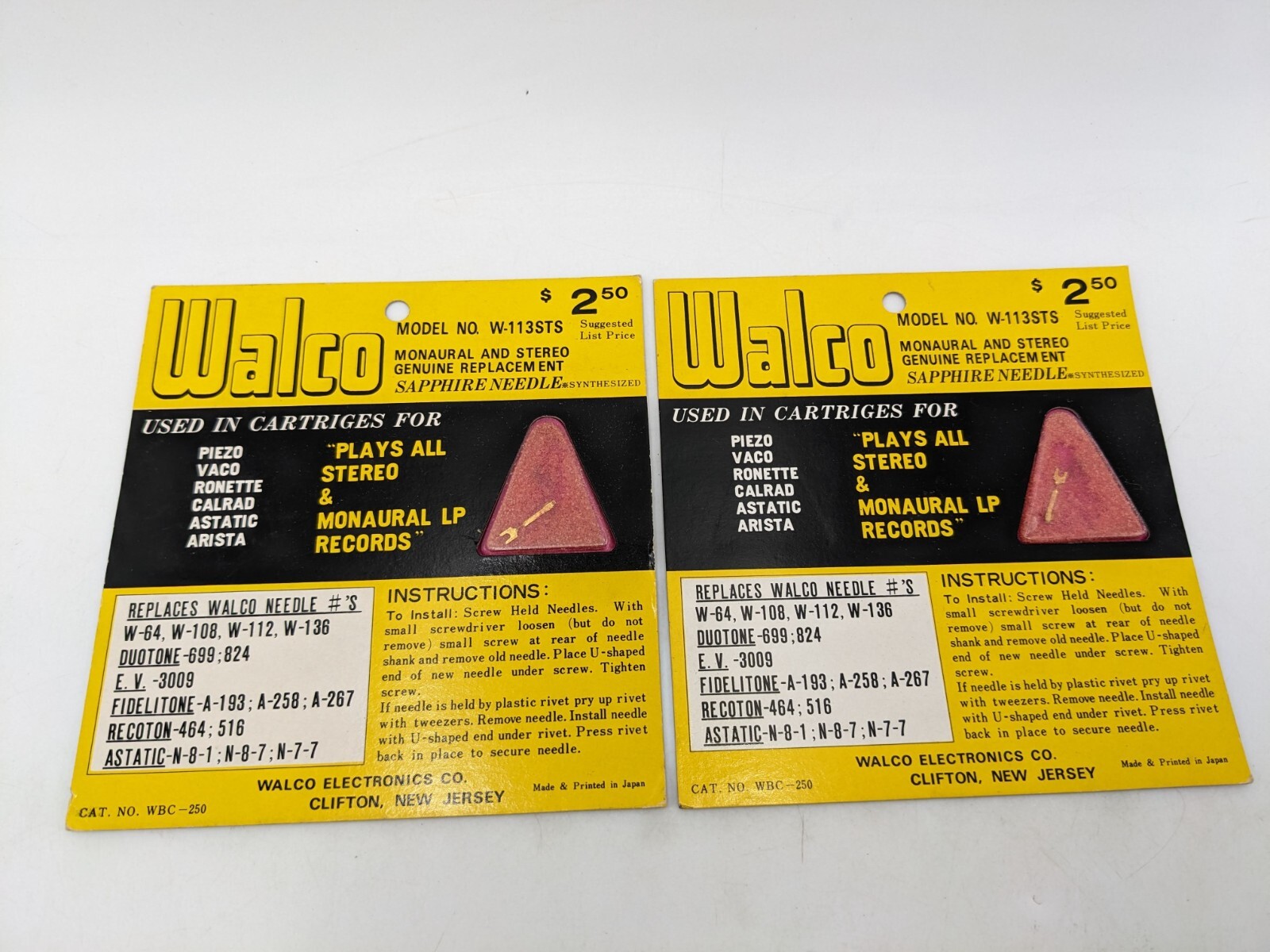 2x Walco W-113STS Sapphire Needle For Piezo Vaco Ronette Calrad Astatic Arista