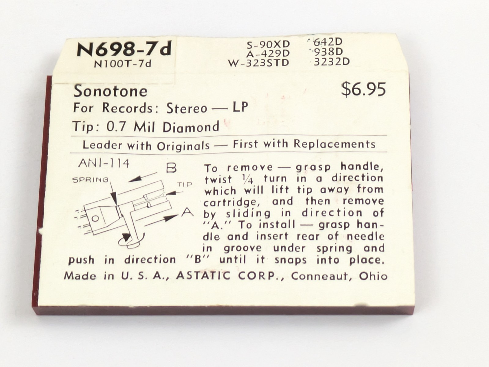 Astatic N698-7d Diamond Needle Sonotone N100T-7d Record Stylus S-90XD A-429D 642