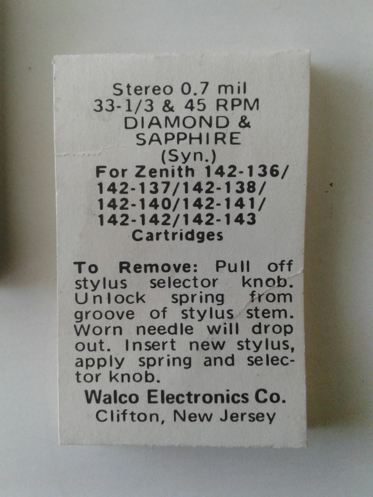 Walco Diamond Record Needle & Sapphire W-182STDS 0.7 mil Zenith New Old Stock