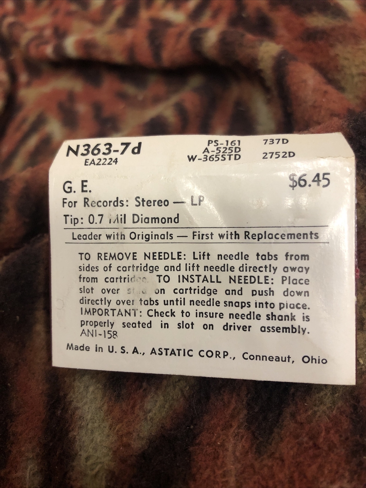 Astatic N363-7d Diamond Needle .7 Mil 3 General Electric Sapphire Stereo LP 78