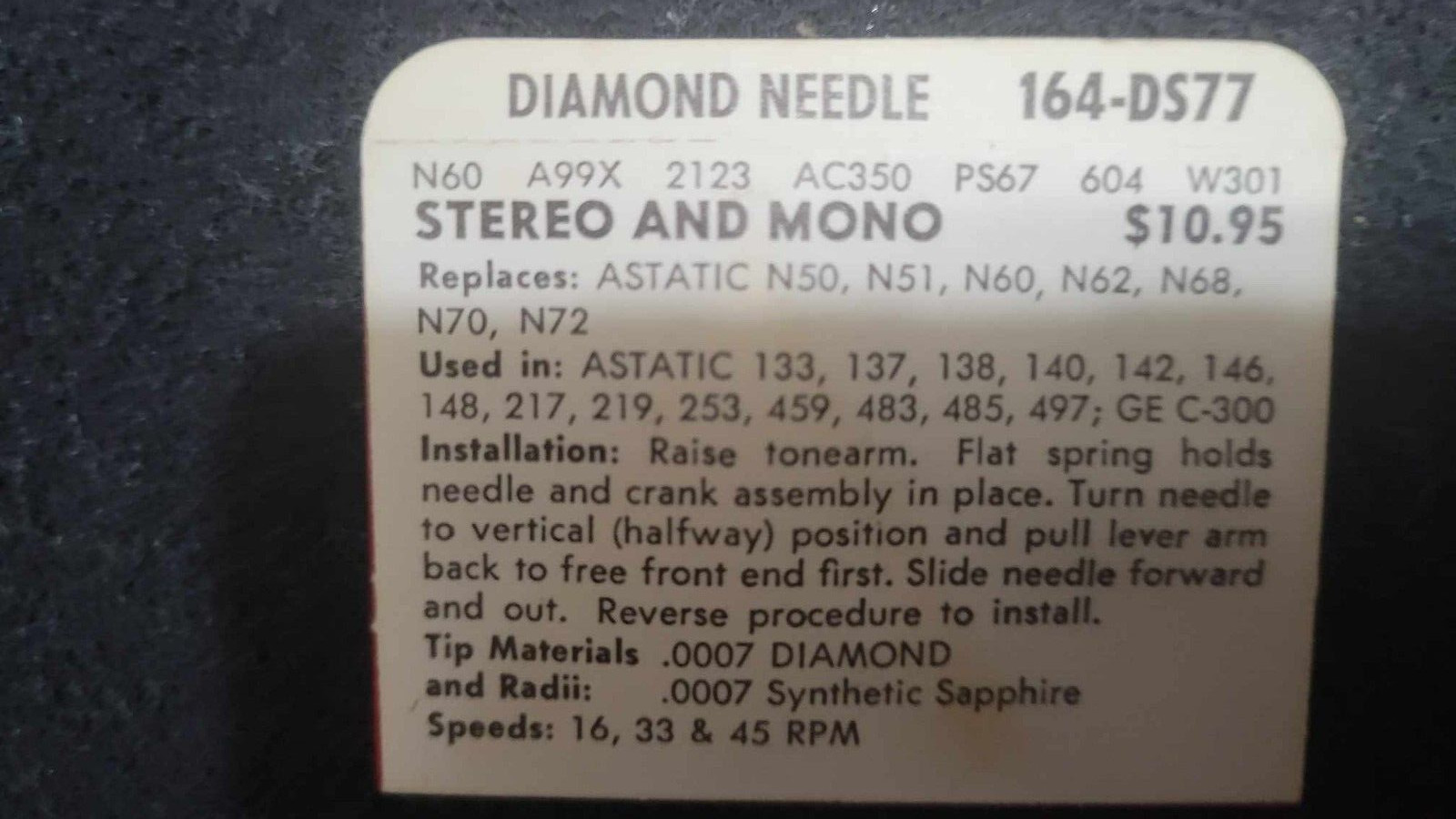 Pfanstiehl 164-DS77 Diamond Needle Record Player Stylus for Astatic 133 137 138