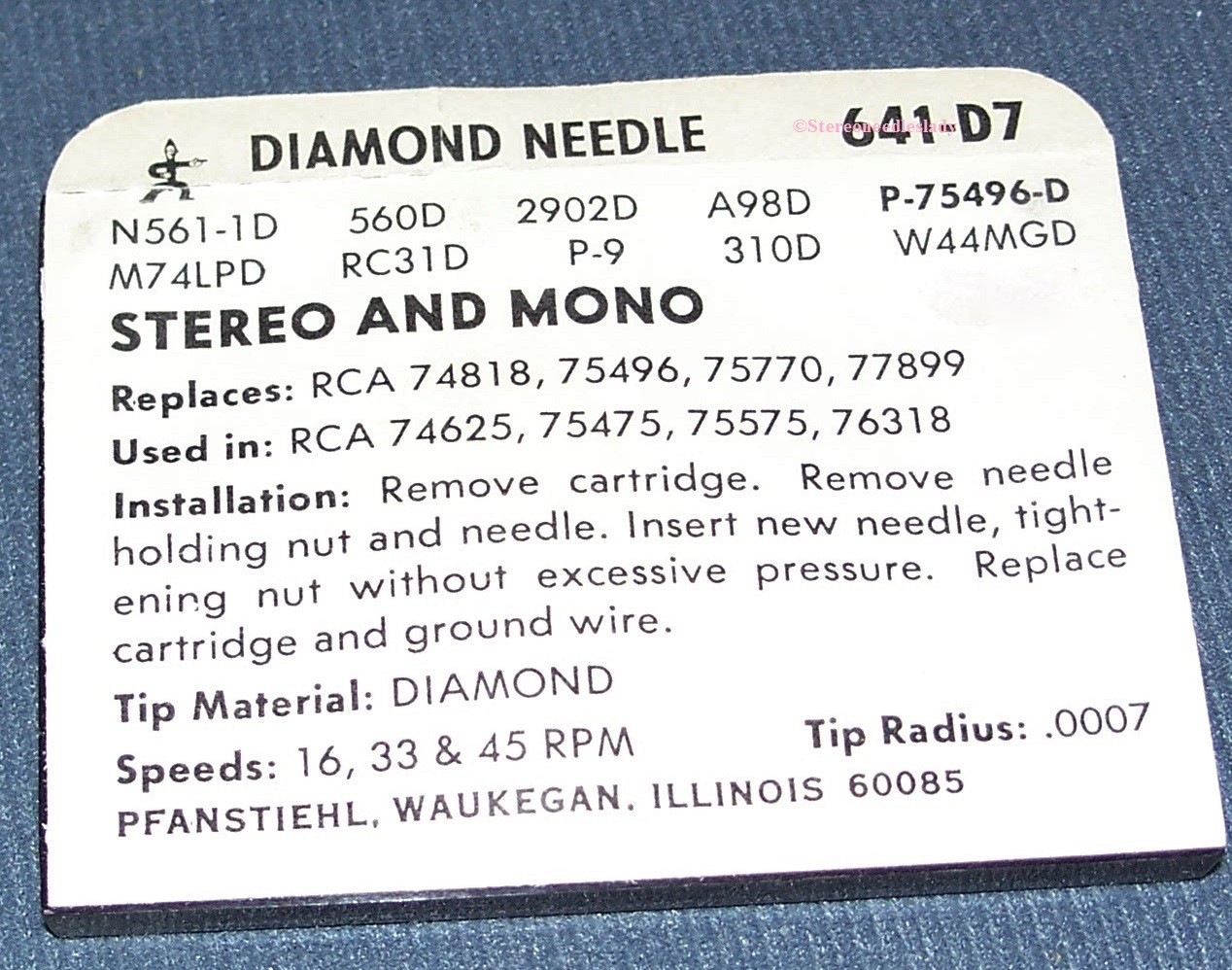 641-D7 RECORD PLAYER NEEDLE STYLUS for RCA 75497 RCA 75475 Pfanstiehl
