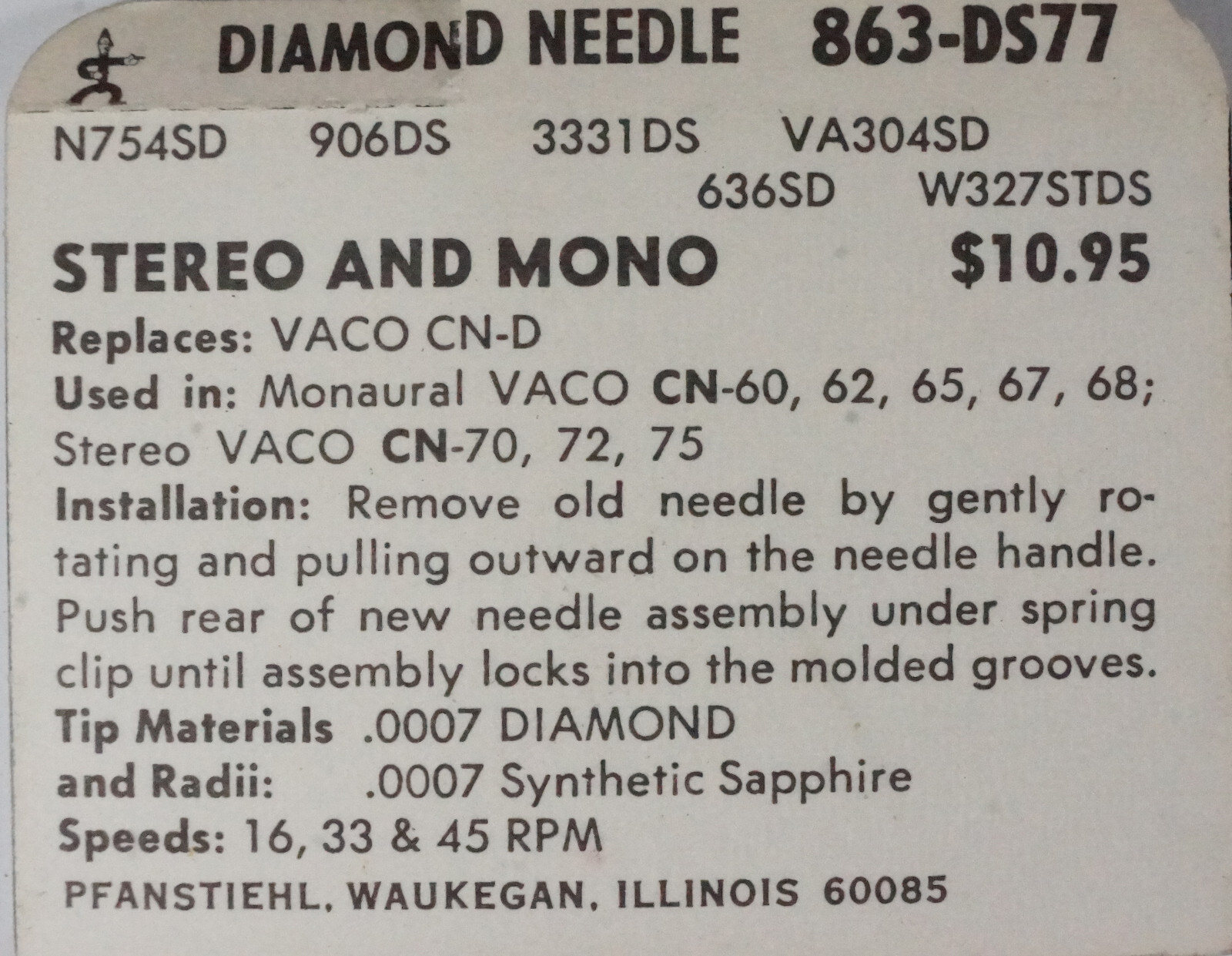 NOS PFANSTIEHL 963-DS77 Diamond Needle Stylus VACO VARCO CN-D 60 62 65 67 68 70