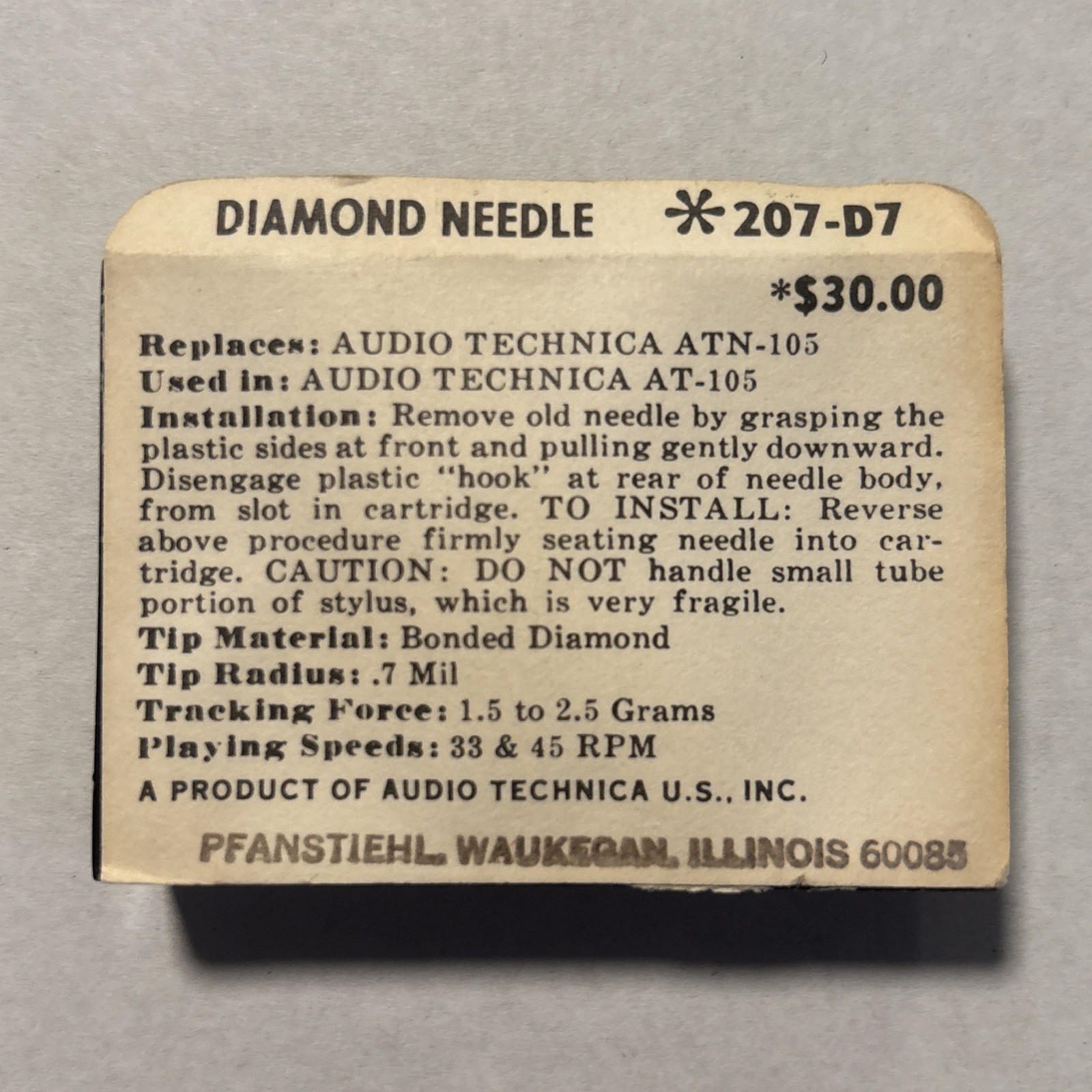 Pfanstiehl 207-D7 Diamond Stylus Replaces AUDIO TECHNICA ATN-105 For AT-105 NOS